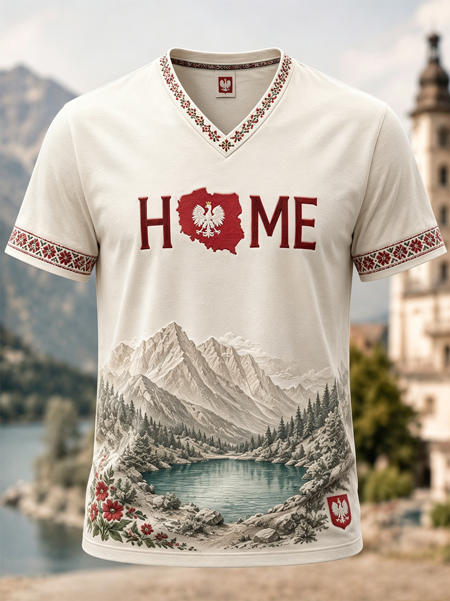 Męski t-shirt z V-kształtnym dekoltem z Polską