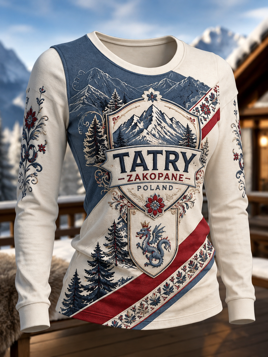 Damski t-shirt z Polską, z okrągłym dekoltem i długim rękawem