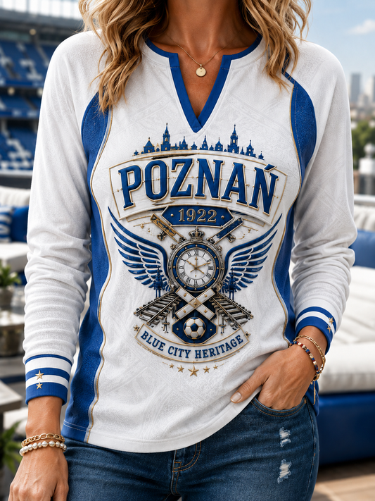 Damski t-shirt z bawełny i lnu w polskie piłkarskie wzory, z długim rękawem