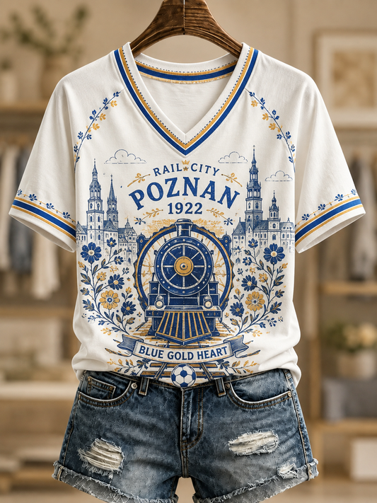 Damska Polska Kolejorz Piłka nożna Kultura V-Neck Off-Shoulder Koszulka z krótkim rękawem