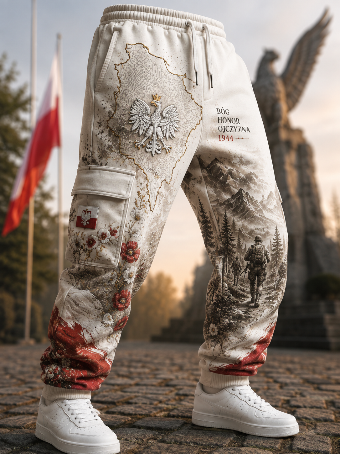 Męskie spodnie dresowe typu casual z motywem kultury wojskowej polskiej