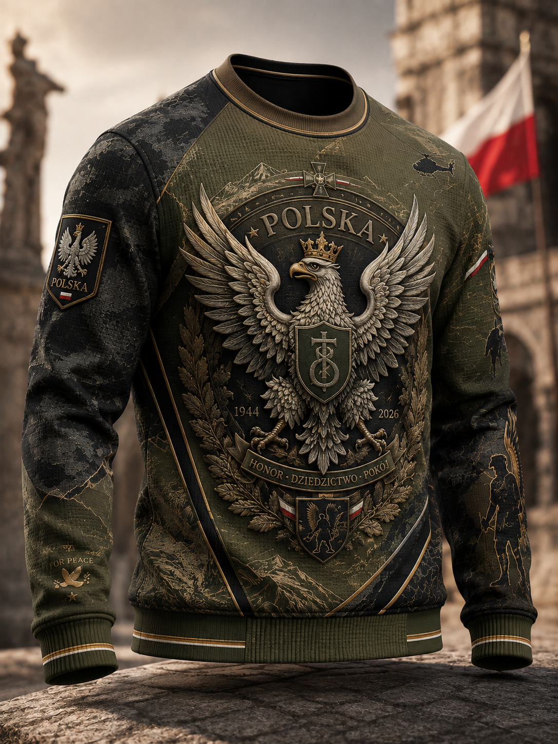 Męski koszulka z długim rękawem w paski w stylu wojskowym polskim