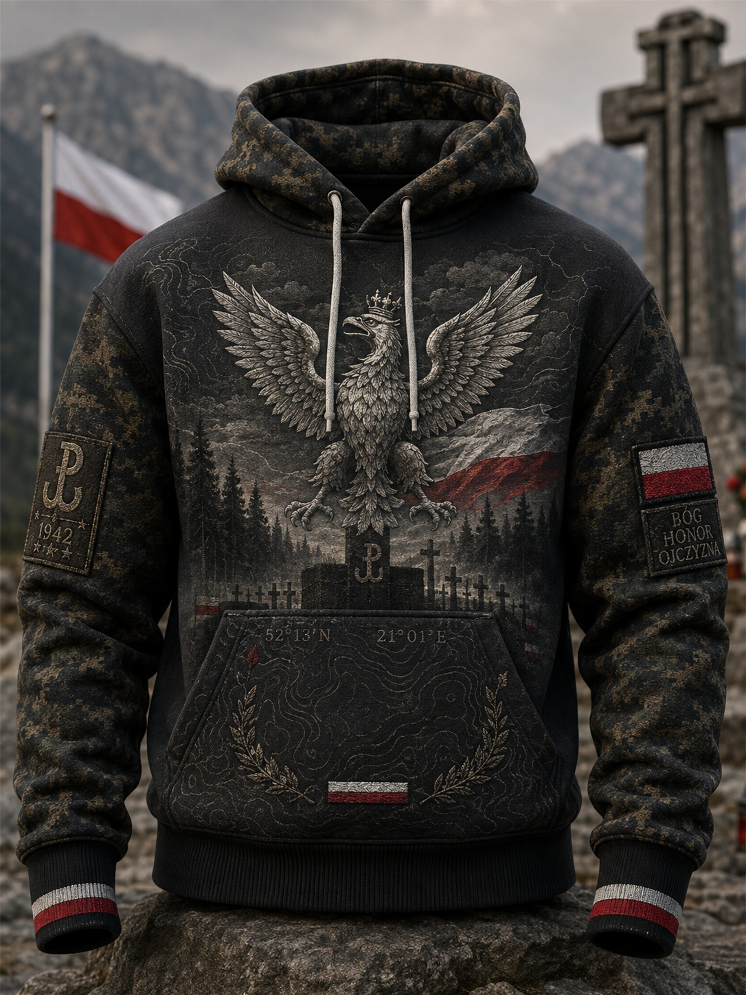 Męski polski wojskowy sweter z kapturem o oversized kroju i opadającymi ramionami, z kieszeniami