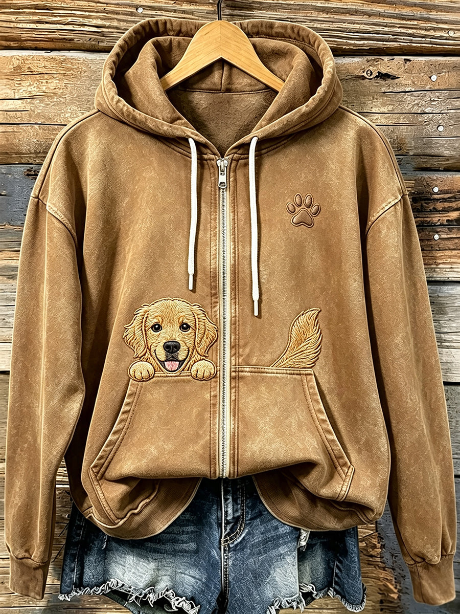 Uroczy damski bluza z kapturem na zamek z wyciągającym się golden retrieverem i odciskami łap