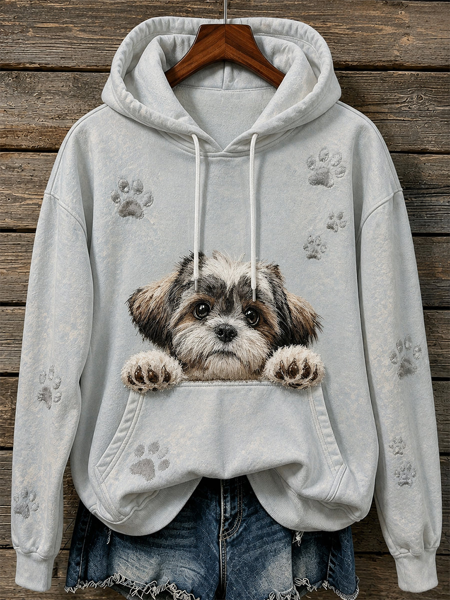 Słodka damska Shih Tzu & Paw Print Przytulna bluza z kapturem