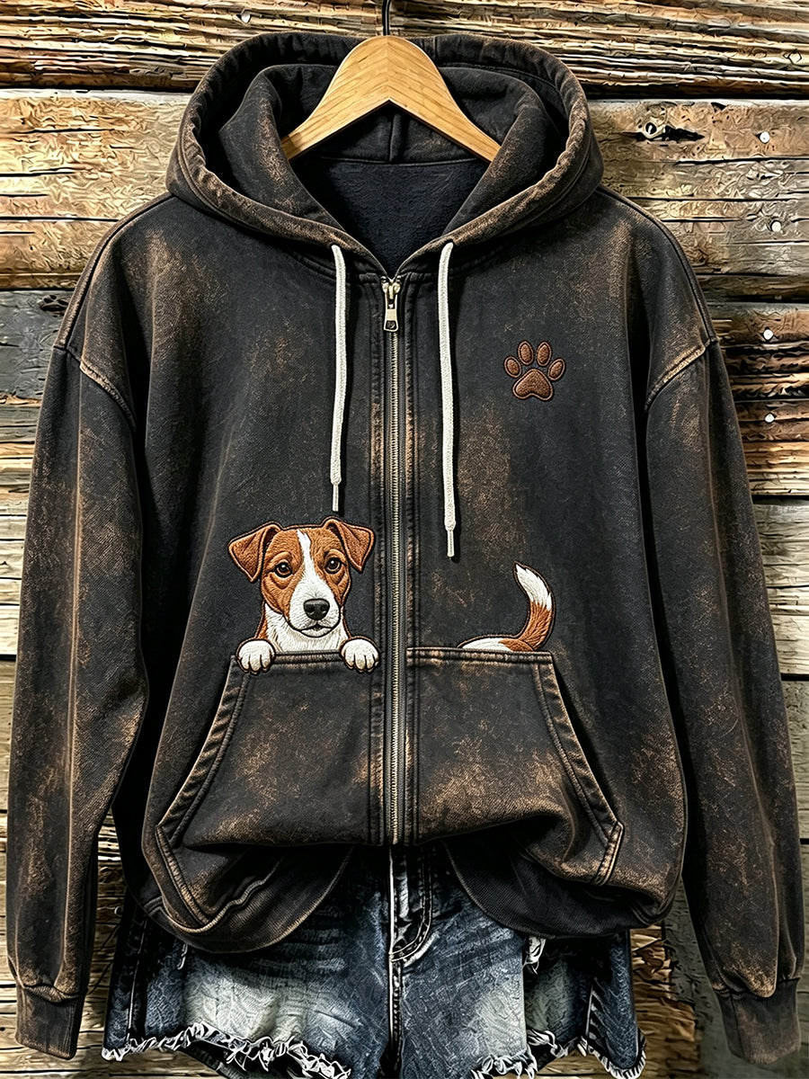 Damska bluza z kapturem Jack Russell Terrier & Paw Print Vintage Przytulna z zamkiem błyskawicznym