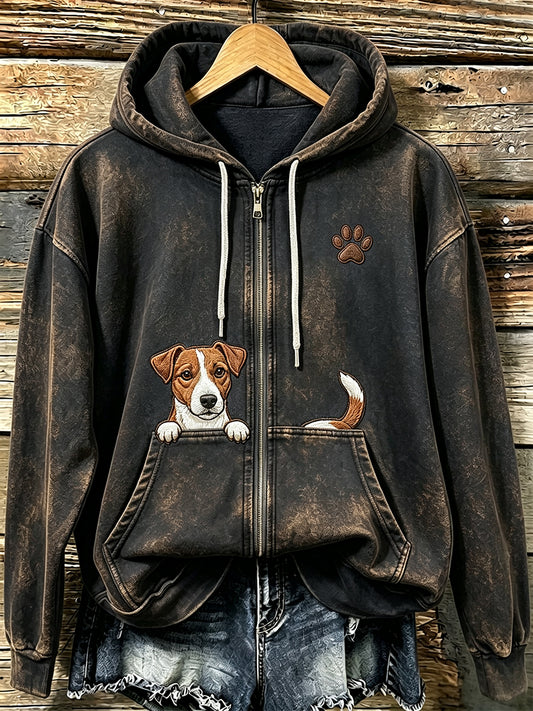 Damska bluza z kapturem Jack Russell Terrier & Paw Print Vintage Przytulna z zamkiem błyskawicznym