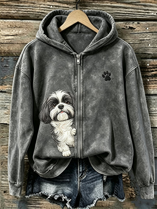 Damski wygodny bluzy z kapturem na pełnym zamku z nadrukiem psa shih-tzu i odcisków łapek