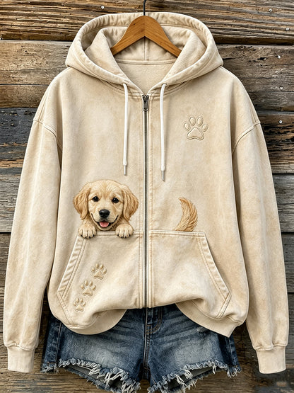 Uroczy damski bluza z kapturem na zamek z wygodnym nadrukiem wychylającego się golden retrievera i łapek
