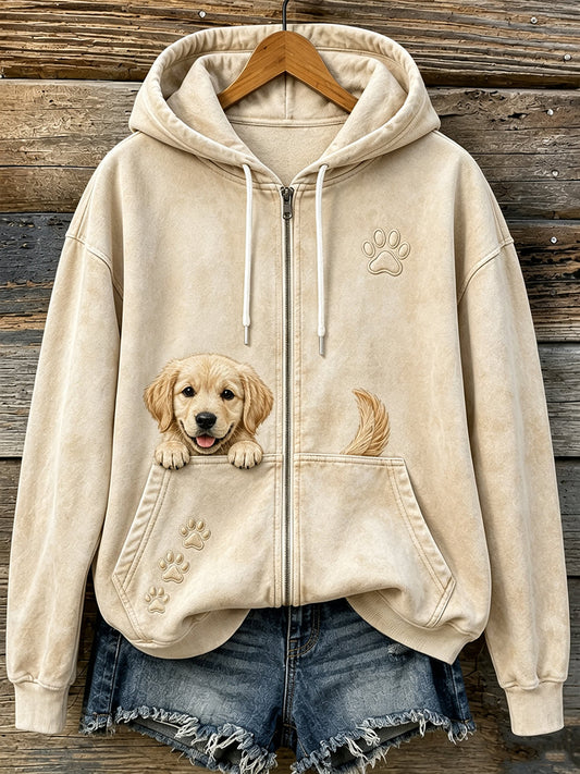 Uroczy damski bluza z kapturem na zamek z wygodnym nadrukiem wychylającego się golden retrievera i łapek