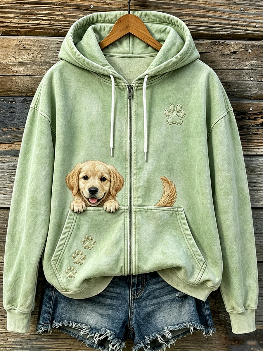 Uroczy damski bluza z kapturem na zamek z wygodnym nadrukiem wychylającego się golden retrievera i łapek