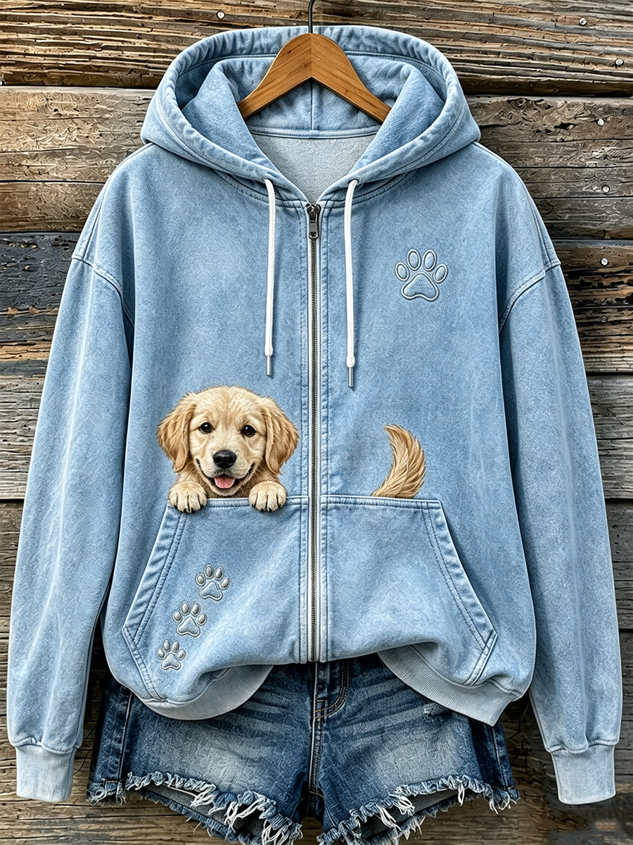 Uroczy damski bluza z kapturem na zamek z wygodnym nadrukiem wychylającego się golden retrievera i łapek