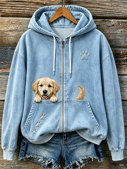 Uroczy damski bluza z kapturem na zamek z wygodnym nadrukiem wychylającego się golden retrievera i łapek