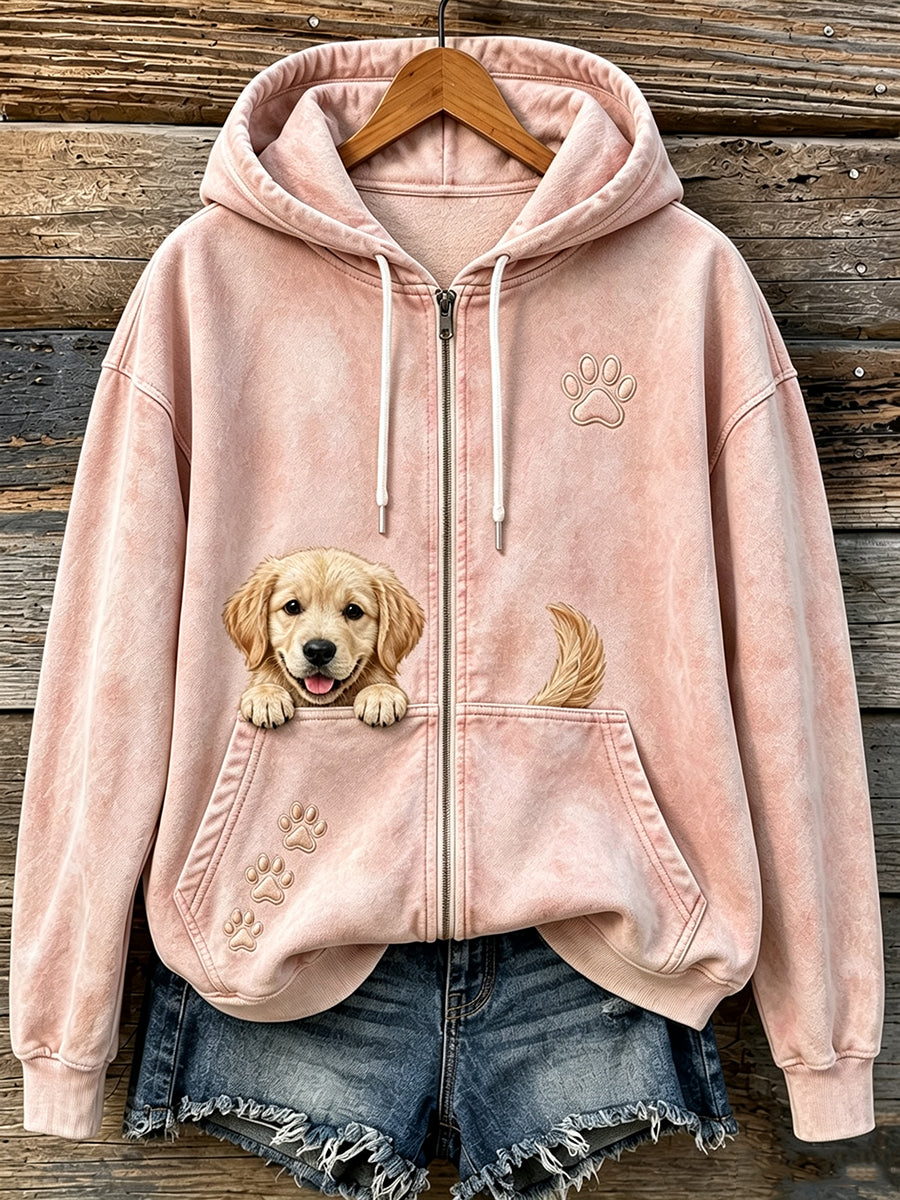 Uroczy damski bluza z kapturem na zamek z wygodnym nadrukiem wychylającego się golden retrievera i łapek
