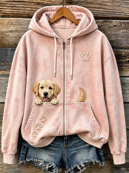 Uroczy damski bluza z kapturem na zamek z wygodnym nadrukiem wychylającego się golden retrievera i łapek