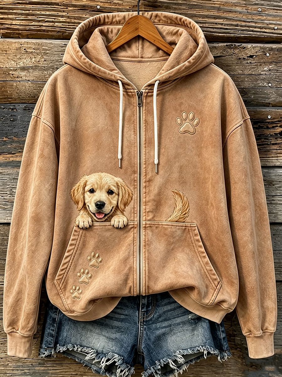 Uroczy damski bluza z kapturem na zamek z wygodnym nadrukiem wychylającego się golden retrievera i łapek