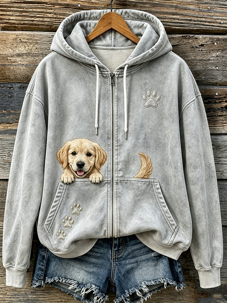 Uroczy damski bluza z kapturem na zamek z wygodnym nadrukiem wychylającego się golden retrievera i łapek