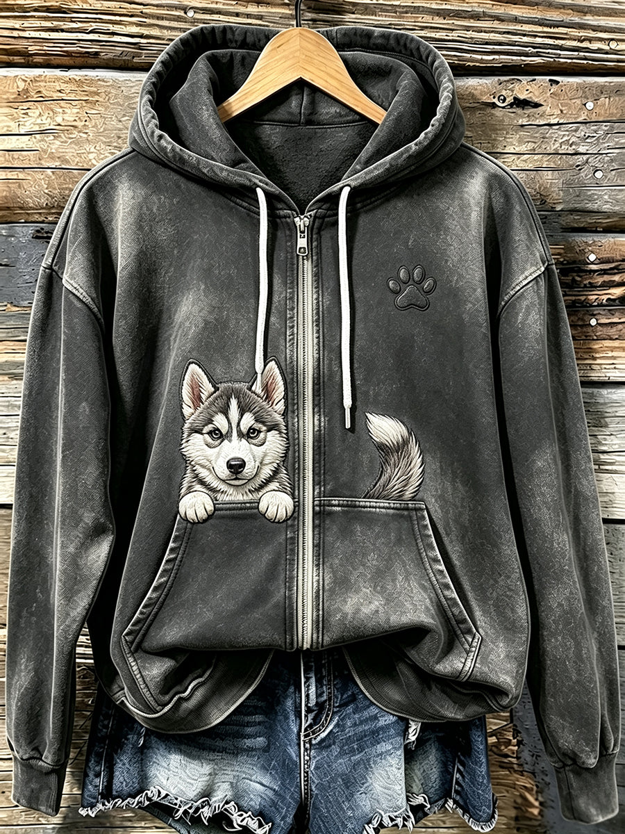 Damska siberian husky & paw nadruk wygodna bluza z kapturem na zamek