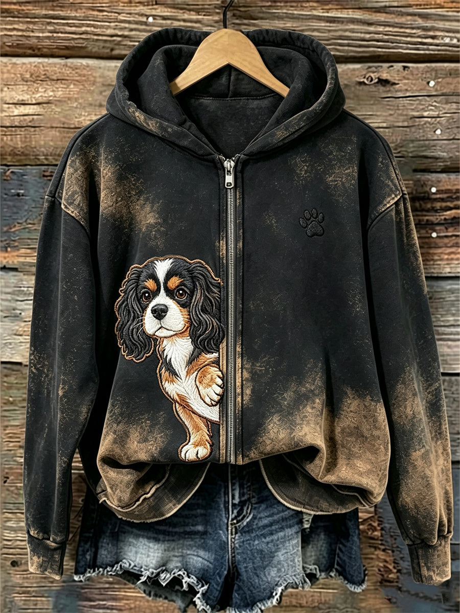 Damska bluza z kapturem z pełnym zamkiem błyskawicznym King Charles Dog & Paw