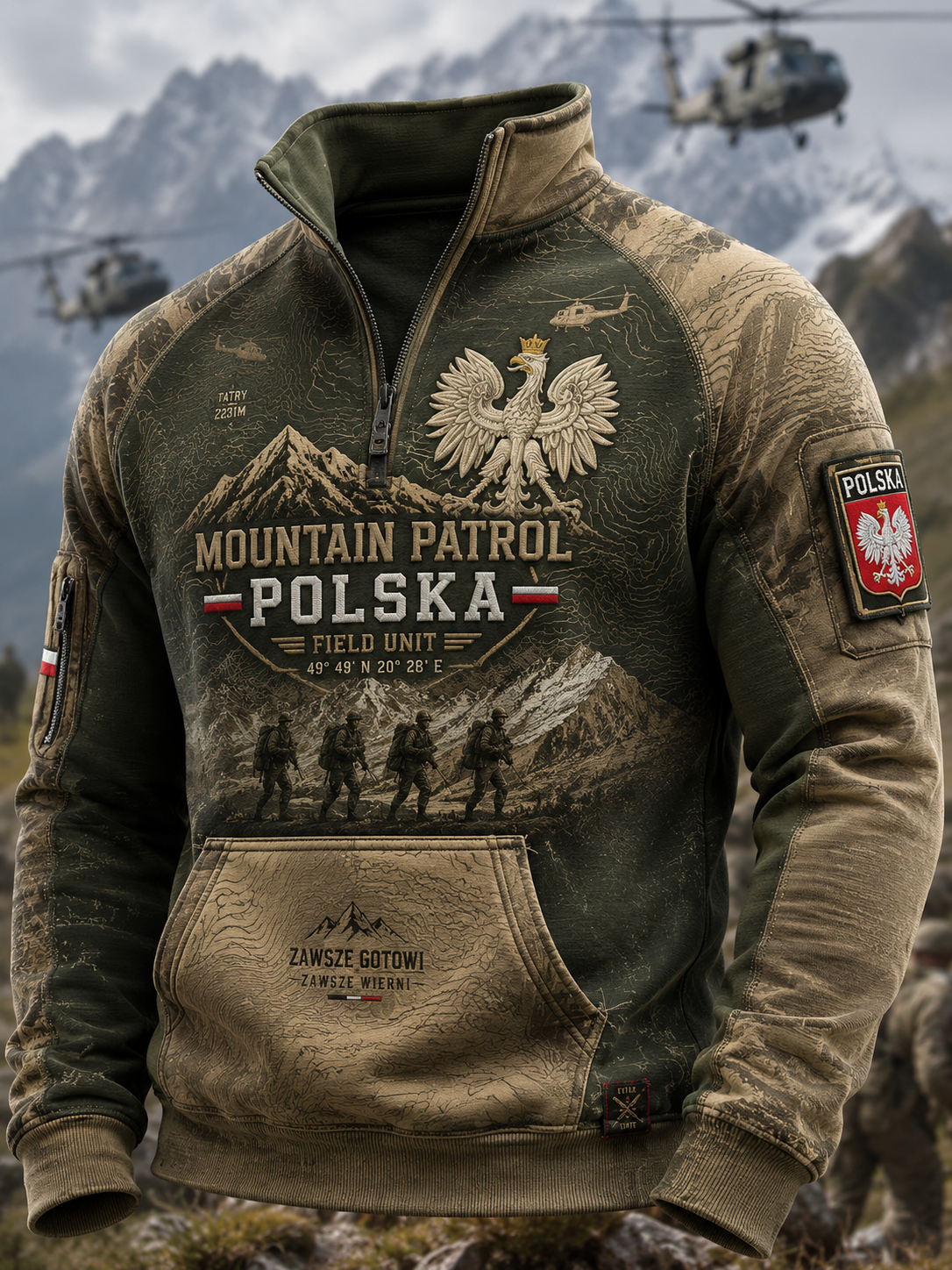 Męski polski wojskowy sweter z półzapinającym się zamkiem i stójką