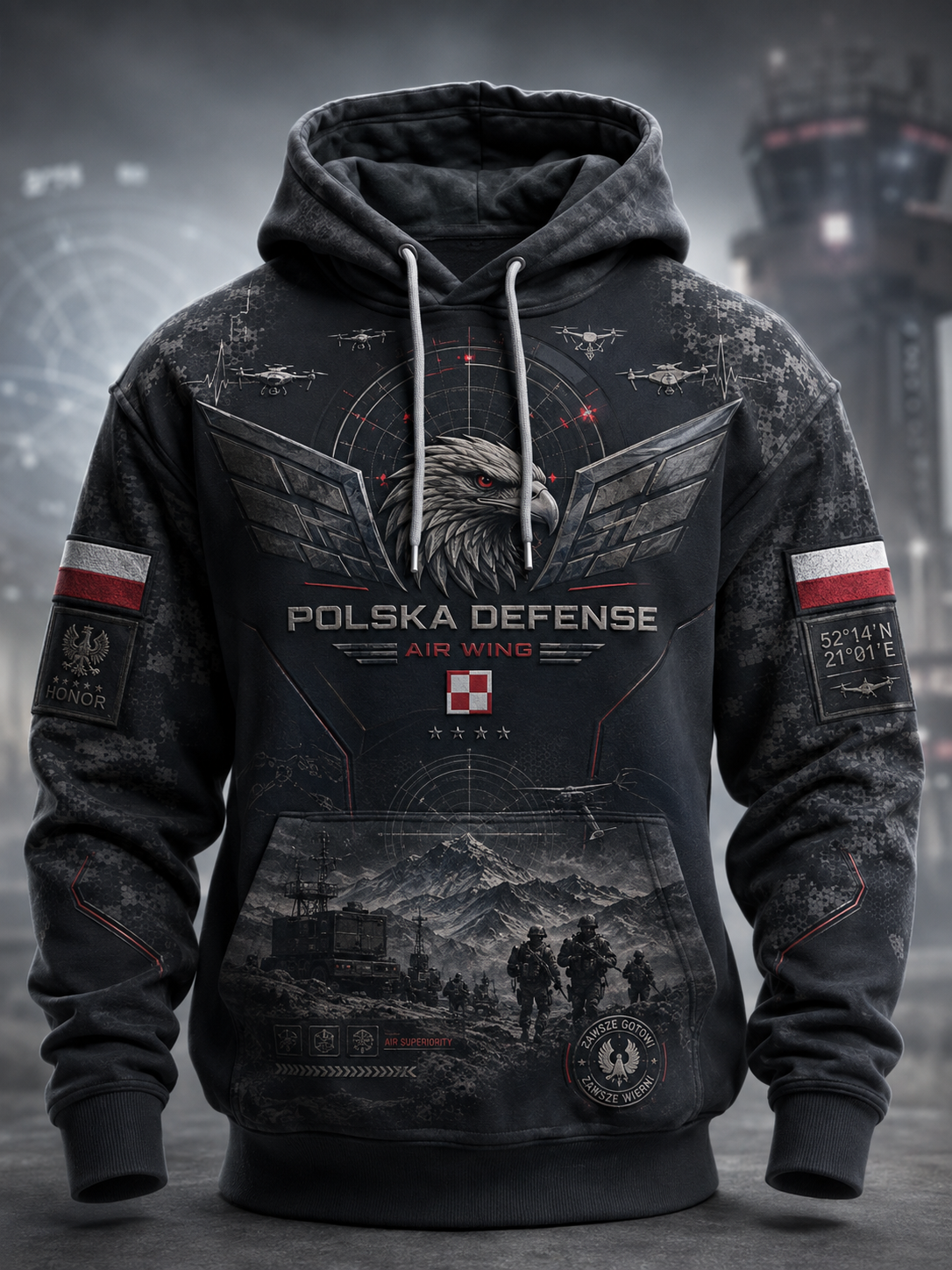 Męski polski wojskowy sweter z kapturem o oversized kroju i opadającymi ramionami, z kieszeniami