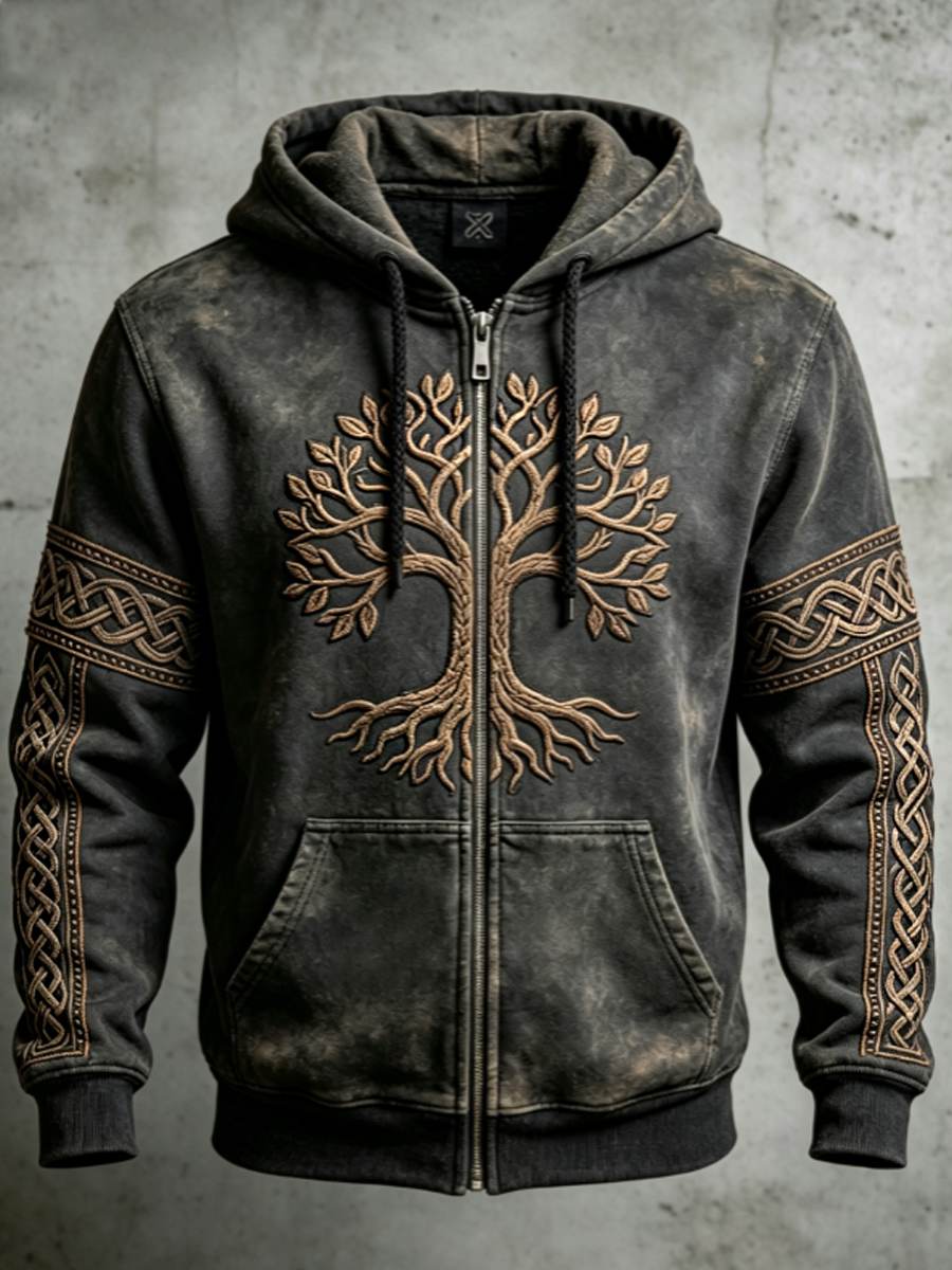 Męski retro kaptalkow z motywem wikingów, Valknut i drzewa życia w stylu color block z zamkiem błyskawicznym
