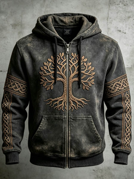 Męski retro kaptalkow z motywem wikingów, Valknut i drzewa życia w stylu color block z zamkiem błyskawicznym