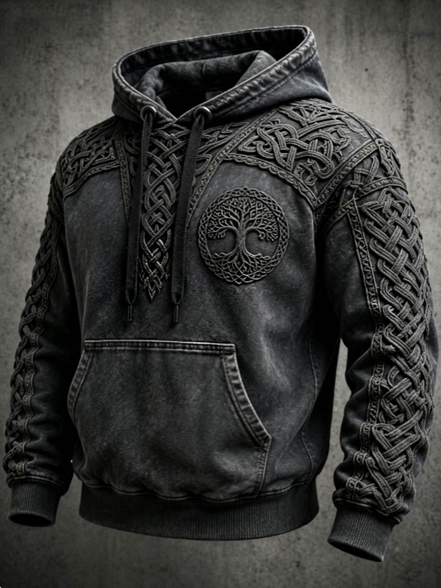 Męski retro bluza z kapturem w stylu wikingów z motywem Valknut i drzewa życia, o rozmiarze oversize, z opuszczonymi ramionami