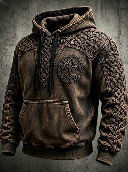 Męski retro bluza z kapturem w stylu wikingów z motywem Valknut i drzewa życia, o rozmiarze oversize, z opuszczonymi ramionami