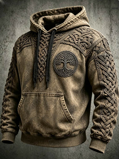 Męski retro bluza z kapturem w stylu wikingów z motywem Valknut i drzewa życia, o rozmiarze oversize, z opuszczonymi ramionami