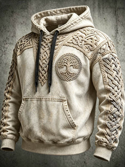 Męski retro bluza z kapturem w stylu wikingów z motywem Valknut i drzewa życia, o rozmiarze oversize, z opuszczonymi ramionami