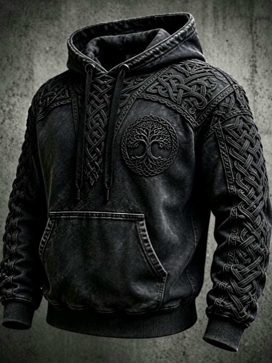 Męski retro bluza z kapturem w stylu wikingów z motywem Valknut i drzewa życia, o rozmiarze oversize, z opuszczonymi ramionami
