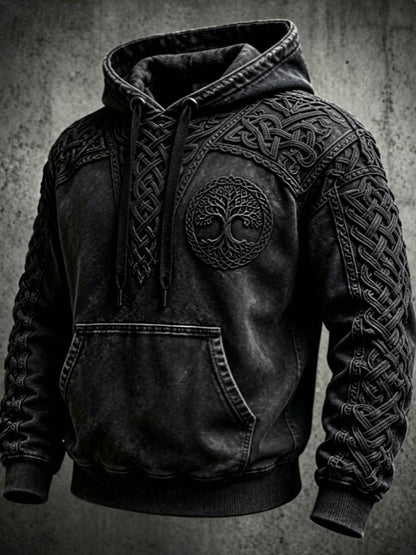 Męski retro bluza z kapturem w stylu wikingów z motywem Valknut i drzewa życia, o rozmiarze oversize, z opuszczonymi ramionami