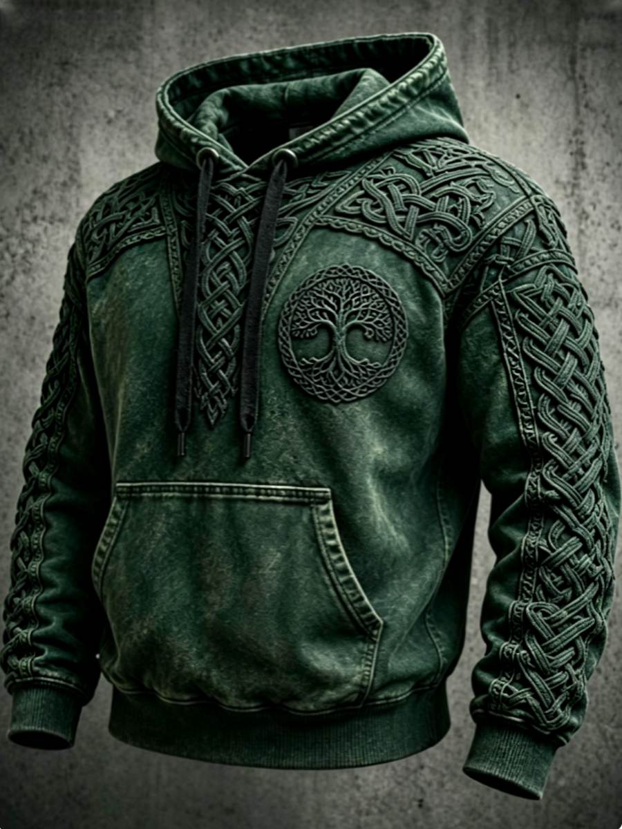 Męski retro bluza z kapturem w stylu wikingów z motywem Valknut i drzewa życia, o rozmiarze oversize, z opuszczonymi ramionami