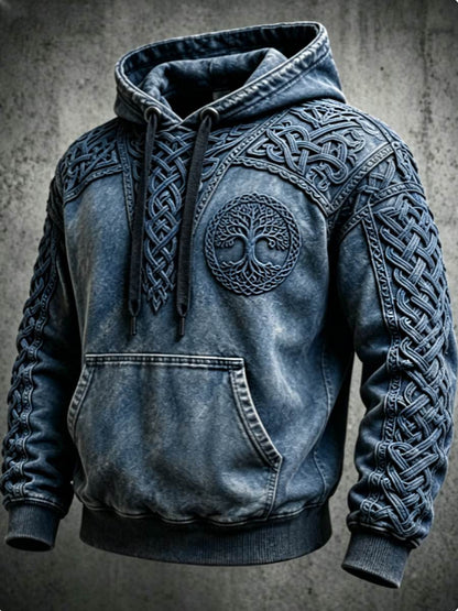 Męski retro bluza z kapturem w stylu wikingów z motywem Valknut i drzewa życia, o rozmiarze oversize, z opuszczonymi ramionami