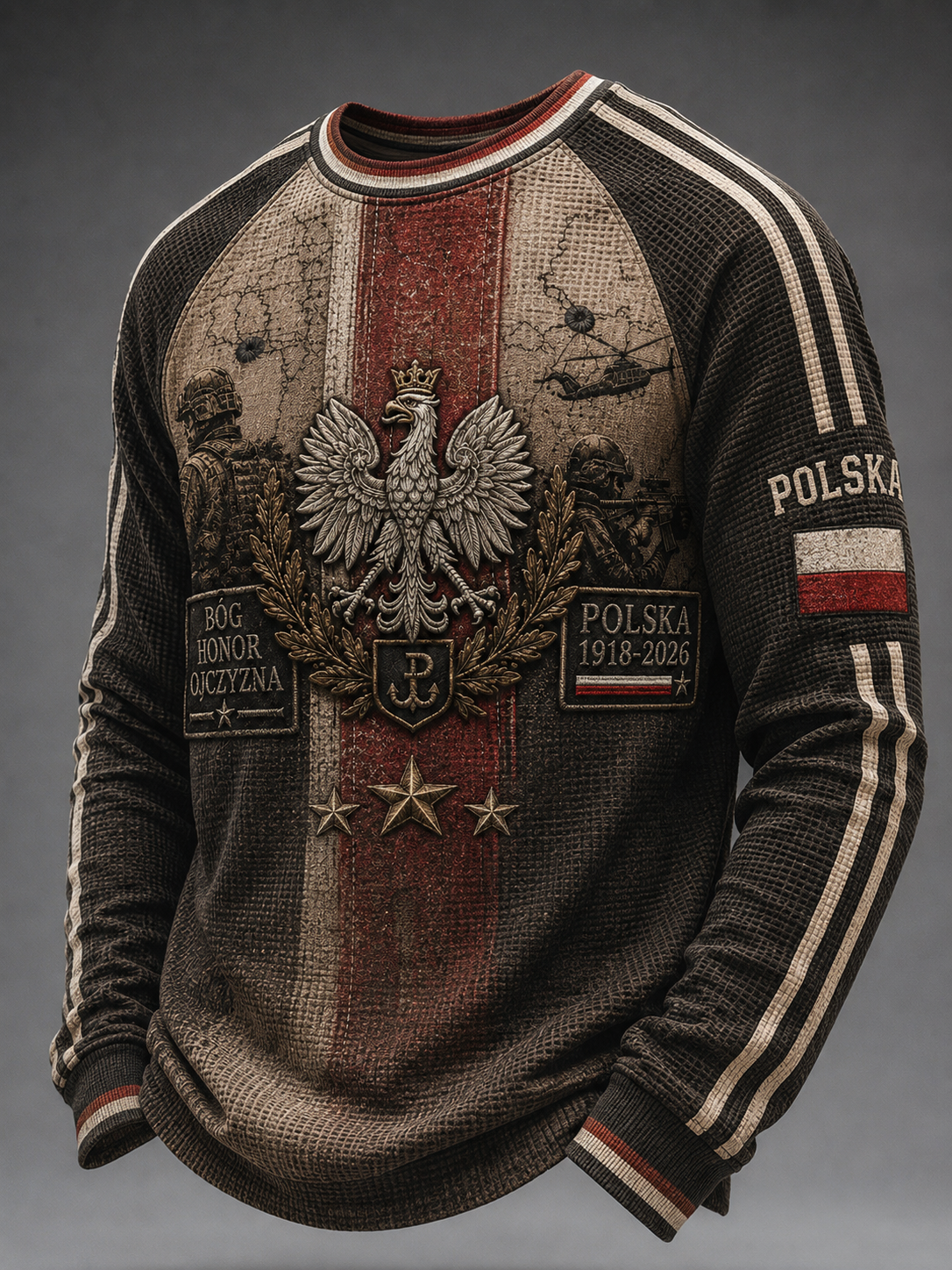 Męski koszulka z długim rękawem w paski w stylu wojskowym polskim