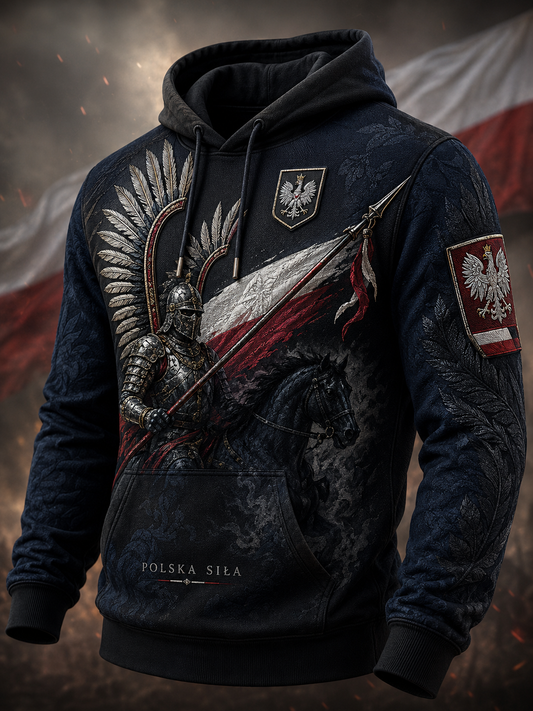 Męski polski wojskowy sweter z kapturem o oversized kroju i opadającymi ramionami, z kieszeniami