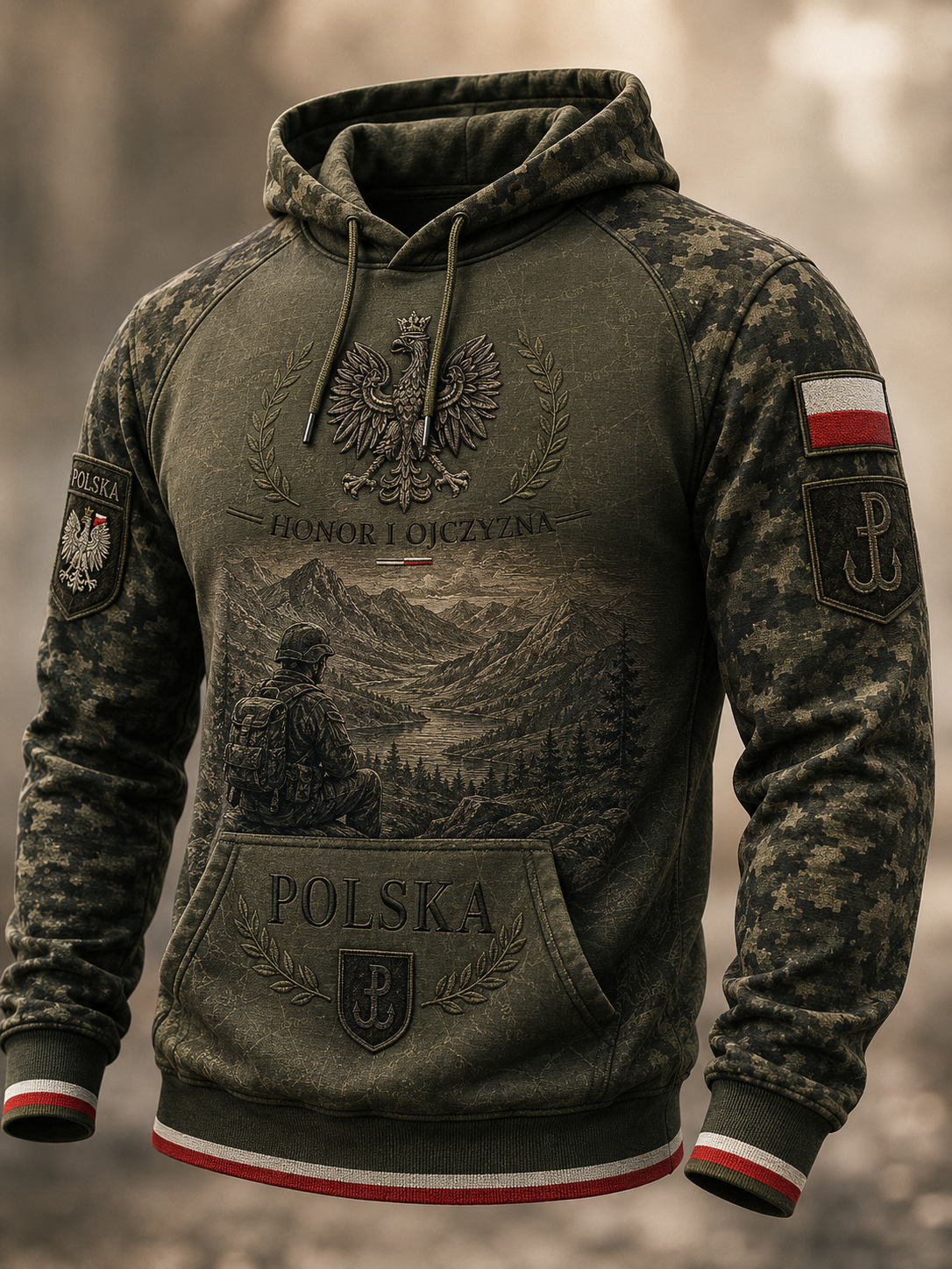 Męski polski wojskowy sweter z kapturem o oversized kroju i opadającymi ramionami, z kieszeniami