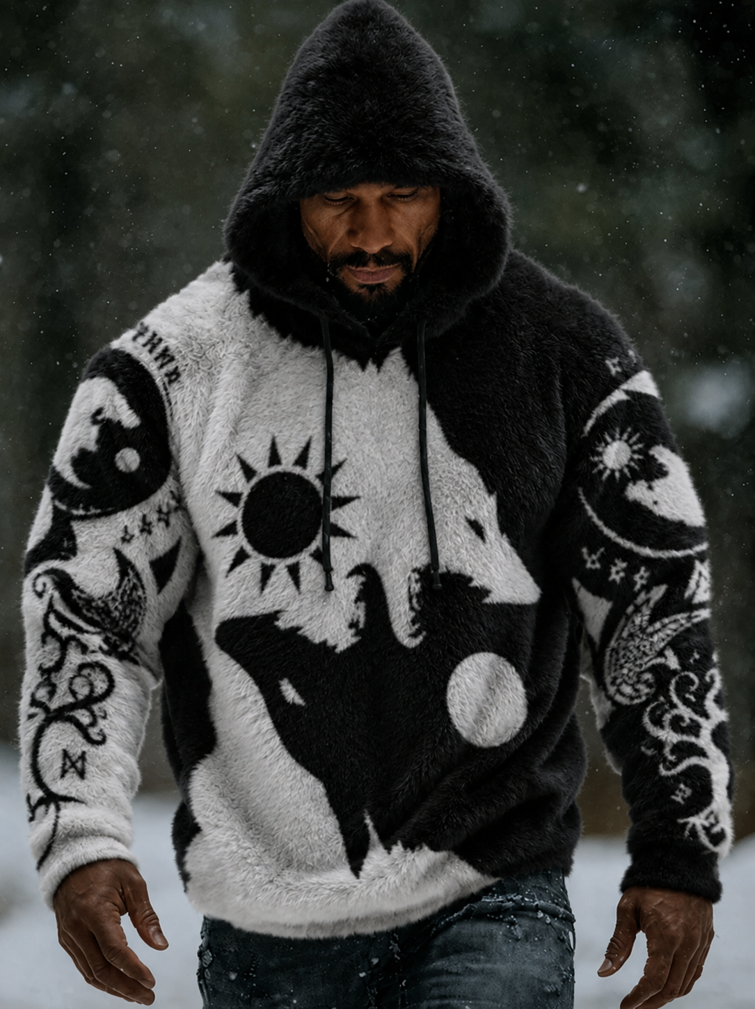 Męska Viking Vintage Wolf celtycka flanelowa ciepła bluza z kapturem