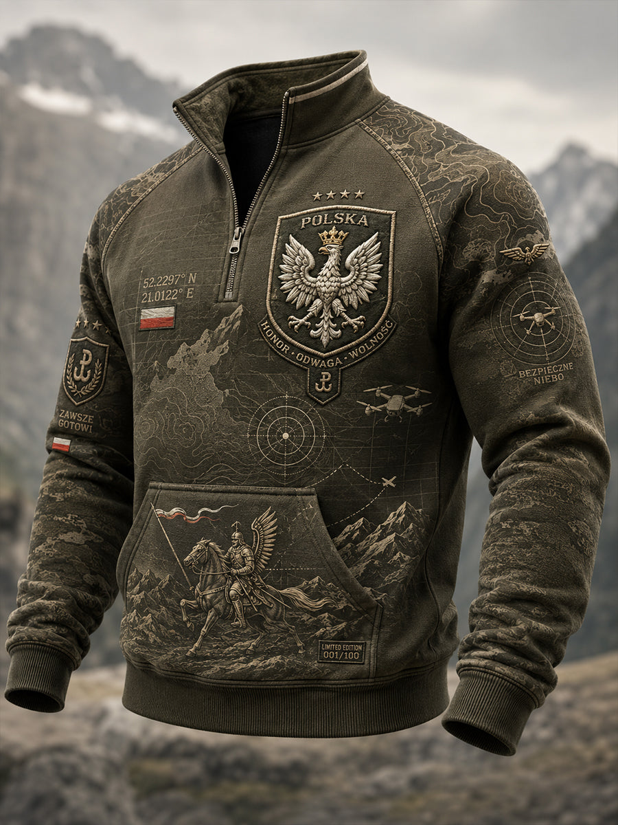 Męski polski wojskowy sweter z półzapinającym się zamkiem i stójką