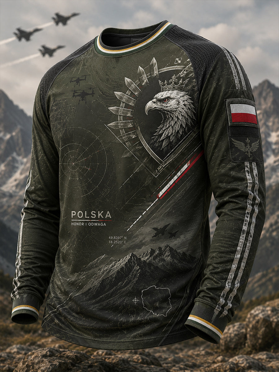 Męski t-shirt z długim rękawem w paski w stylu polskiej kultury wojskowej