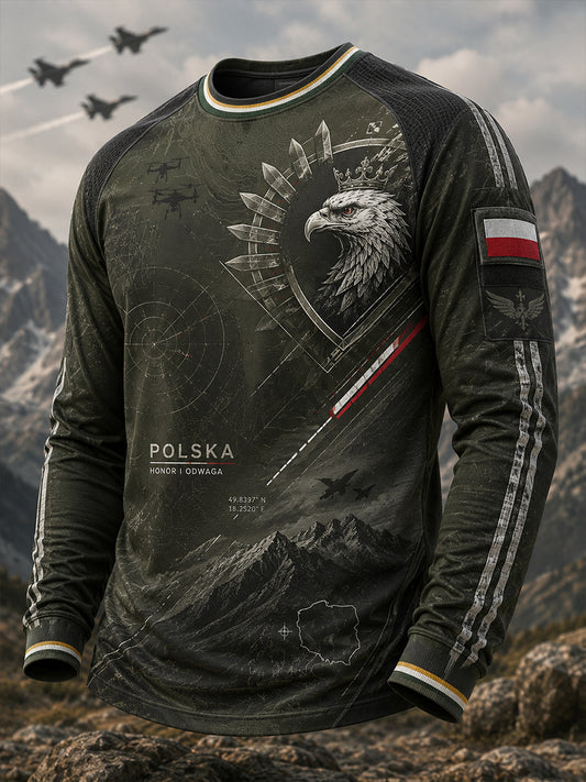 Męski t-shirt z długim rękawem w paski w stylu polskiej kultury wojskowej