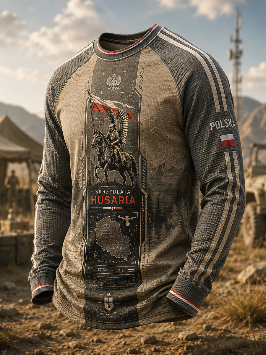 Męski t-shirt z długim rękawem w paski w stylu polskiej kultury wojskowej