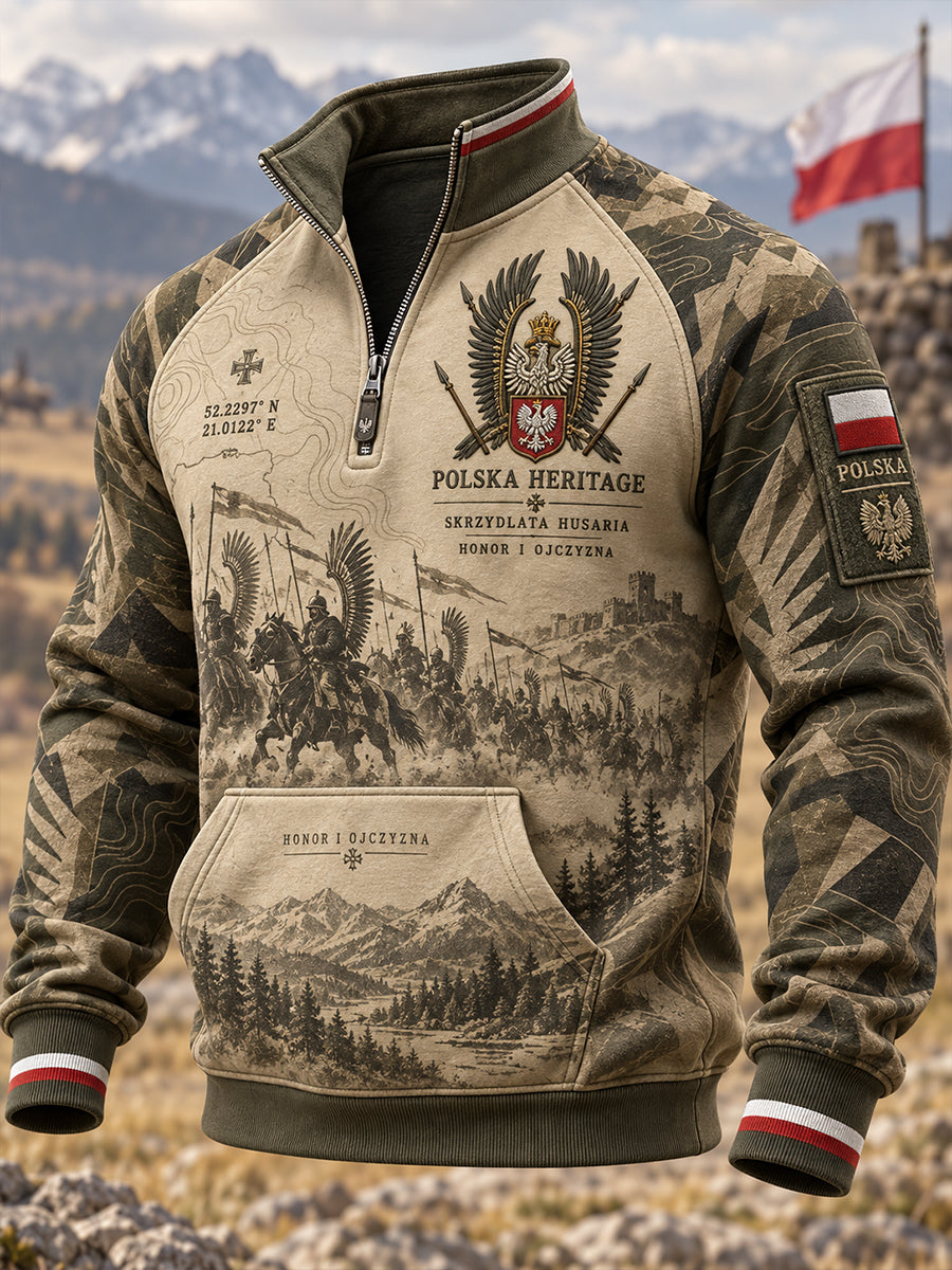 Męski polski wojskowy sweter z półzapinającym się zamkiem i stójką