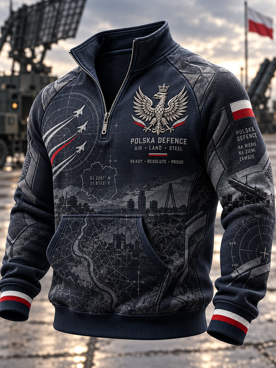 Męski polski wojskowy sweter z półzapinającym się zamkiem i stójką