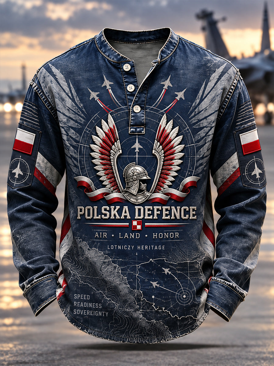 Męska Polska Kultura Wojskowa Casual Guzik T-Shirt
