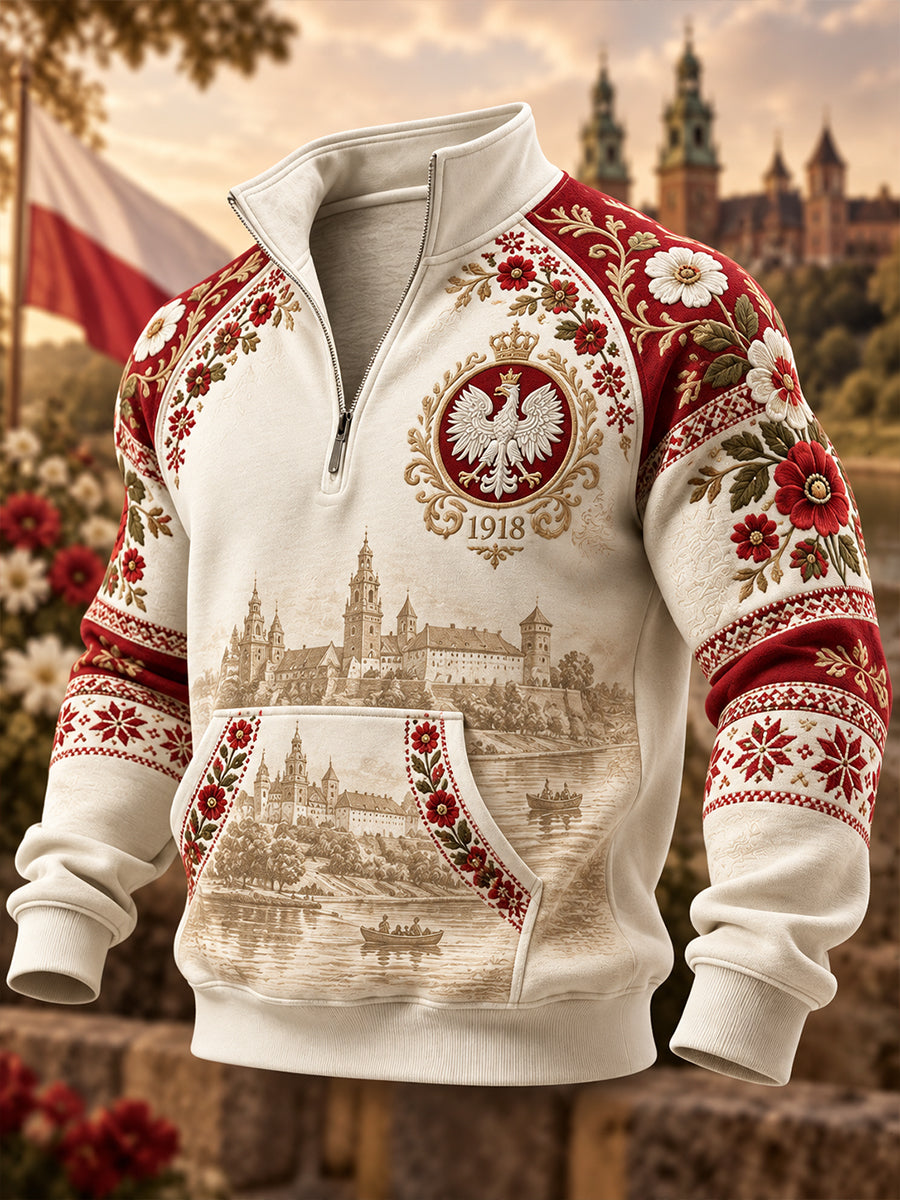 Męska bluza z kołnierzem z polskimi polami na dzień niepodległości
