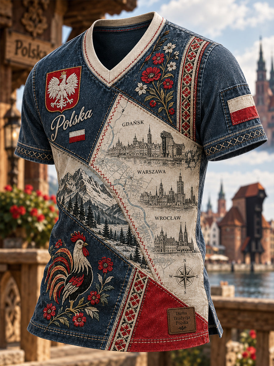 Męski t-shirt z polską sztuką i dekoltem w kształcie litery V