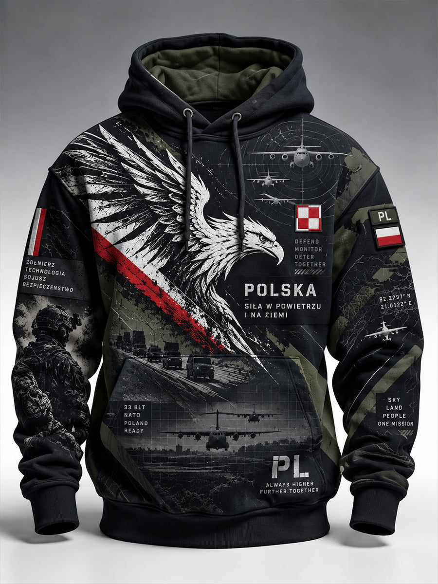 Męski polski wojskowy sweter z kapturem o oversized kroju i opadającymi ramionami, z kieszeniami