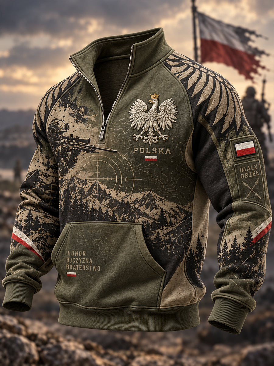 Męski polski wojskowy sweter z półzapinającym się zamkiem i stójką
